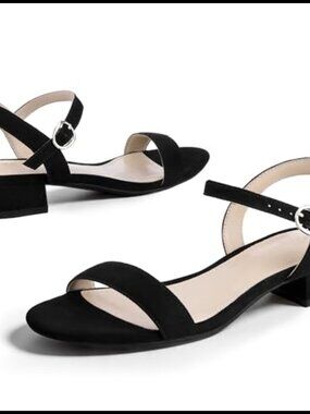 Women's Open Toe 1 Inch Block Low Heel Sandals with Ankle Strap and Buckle